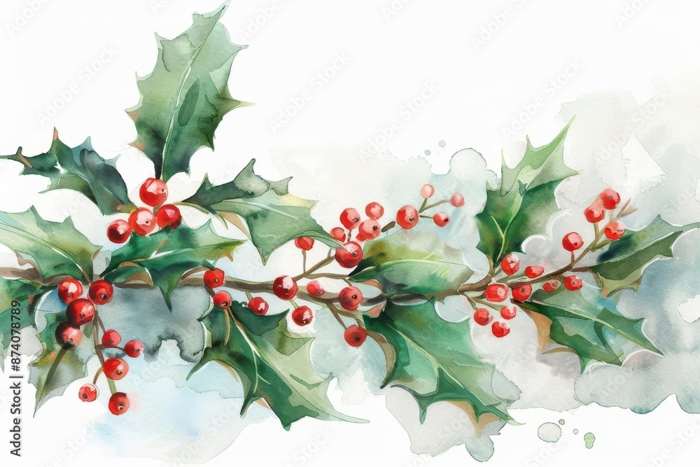 Fototapeta premium delicate watercolor illustration of holly branches with red berries soft muted green leaves contrast with vibrant red accents loose gestural style perfect for elegant christmas designs