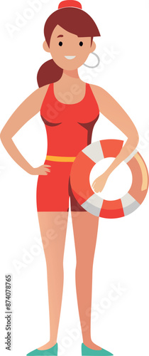 Young Female Lifeguard Holding Lifebuoy Ring in Red Swimsuit