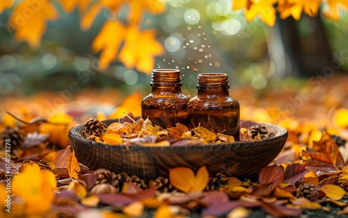 Two amber bottles of essential oil rest on a wooden bowl filled with autumn leaves. photo