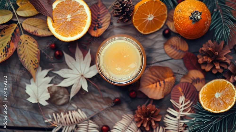 A lit candle surrounded by autumnal elements like leaves, oranges, and pine cones on a rustic wooden surface.