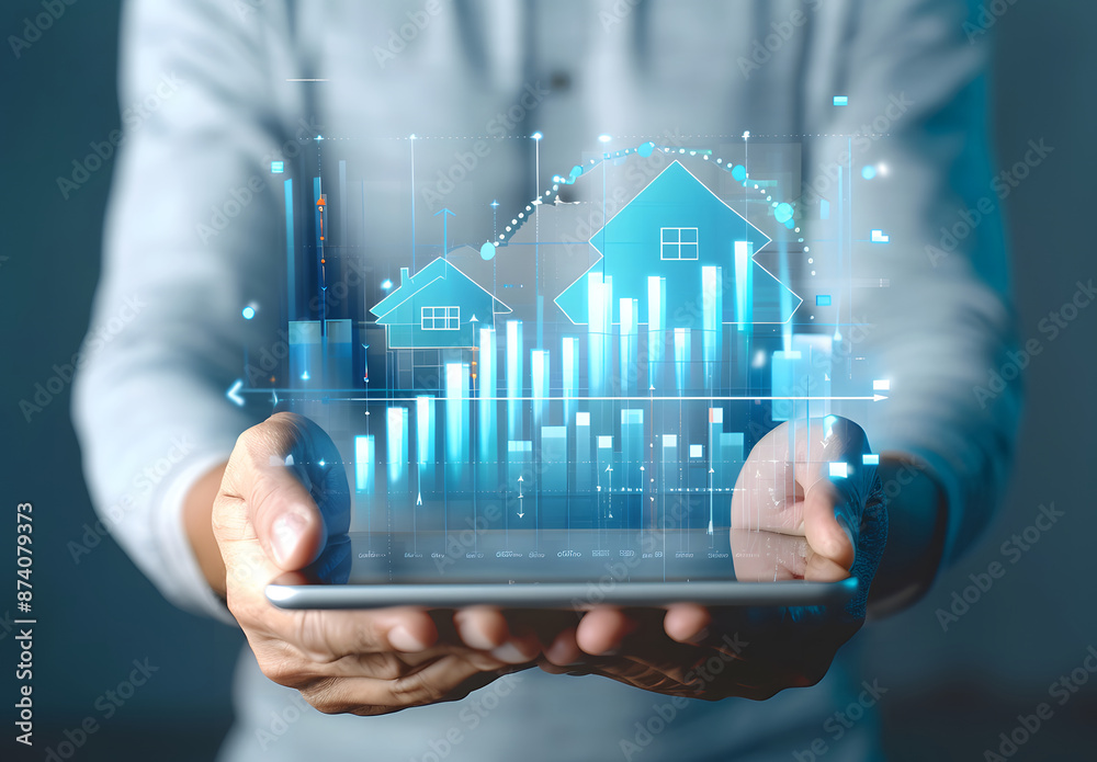 Real estate investment concept. Person showing house icon and growth graph on virtual screen. Analyzing mortgage loan home and insurance real property mortgage. interest rate, Investment Design Real estate investment concept. Person showing house icon and growth graph on virtual screen. Analyzing mortgage loan home and insurance real property mortgage. interest rate, Investment Design