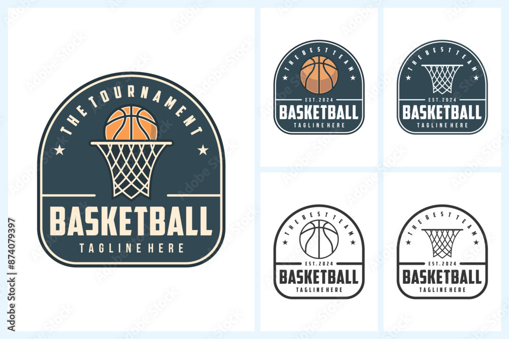 Basketball logo design template, basketball team emblem collection, basketball tournament logo design vector illustration Basketball logo design template, basketball team emblem collection, basketball tournament logo design vector illustration
