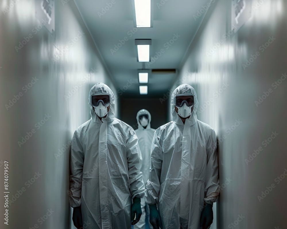 Portrait of a group microbiologist or virologist in protective gear against the background of a modern laboratory. The concept of virology, scientific and medical research, and healthcare. copy space Portrait of a group microbiologist or virologist in protective gear against the background of a modern laboratory. The concept of virology, scientific and medical research, and healthcare. copy space