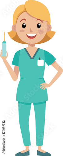 Cartoon Nurse Holding Syringe In Medical Uniform