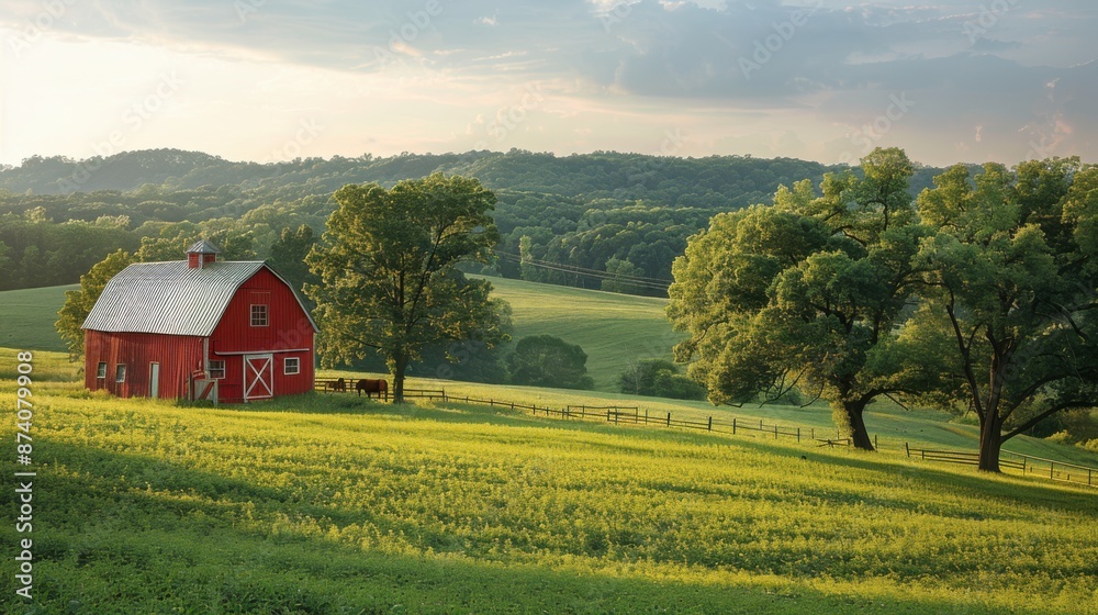 Idyllic Dairy Farm Scene with Cows Grazing in Green Field and Red Barn in Background