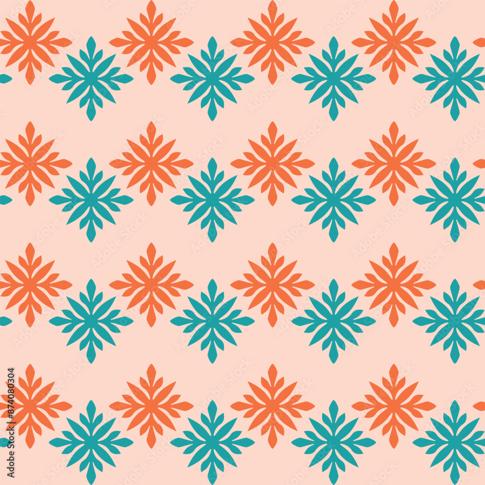 A pattern of flowers in blue, orange, and green A pattern of flowers in blue, orange, and green
