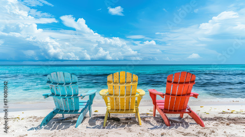 colorful wooden chairs on the beach with a blue sky and turquoise sea