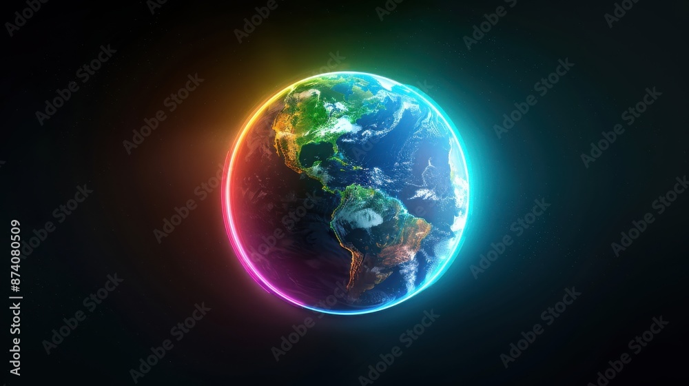 A glowing, colorful ring surrounds a detailed Earth on a dark background. A glowing, colorful ring surrounds a detailed Earth on a dark background.