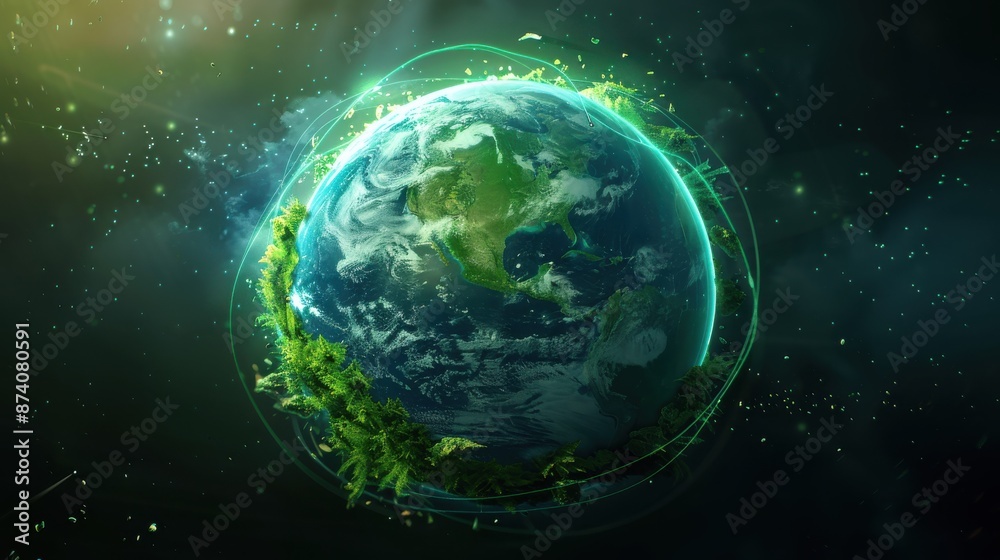 Obraz premium A glowing green ring surrounds a planet Earth in space, symbolizing environmental protection and sustainability.