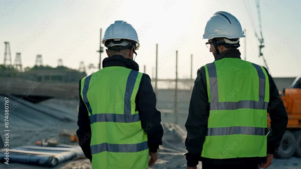 Two engineers or architects walking at construction site, inspecting project Two engineers or architects walking at construction site, inspecting project