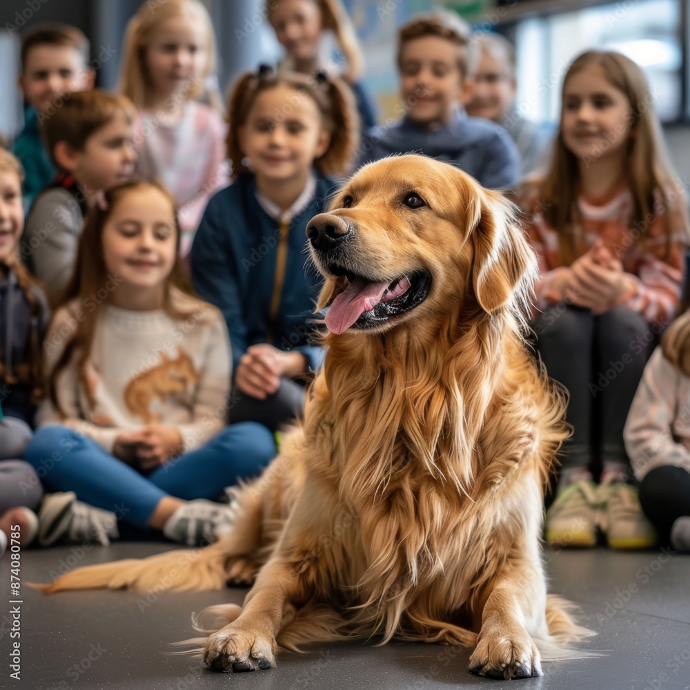 Golden retriever dog sitting happily in a classroom surrounded by children. Bright, joyful atmosphere showing the bond between kids and pets. Perfect for school or pet-related content. Generative AI Golden retriever dog sitting happily in a classroom surrounded by children. Bright, joyful atmosphere showing the bond between kids and pets. Perfect for school or pet-related content. Generative AI