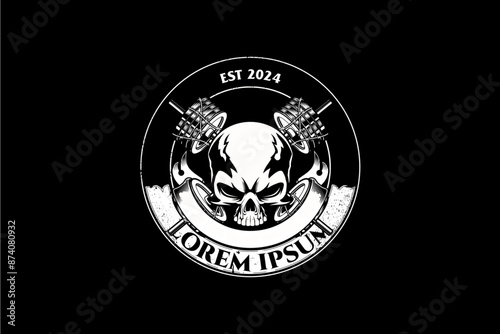 Human Skull head with cross barbell GYM logo vector template