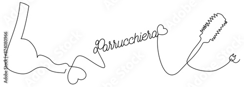 Linea continua con asciugacapelli, forbice, spazzola, cuori. parrucchiere in un semplice stile lineare - scritta parola parrucchiera - Illustrazione grafica vettoriale per decorazione, ricamo, logo
