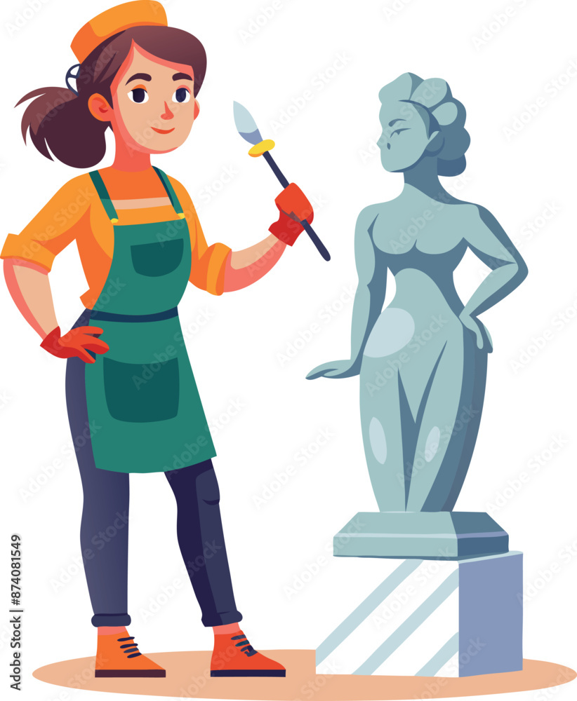 Female Sculptor Carving Stone Statue In Studio Female Sculptor Carving Stone Statue In Studio