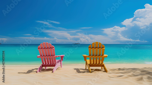 colorful wooden chairs on the beach with a blue sky and turquoise sea © si9nzation