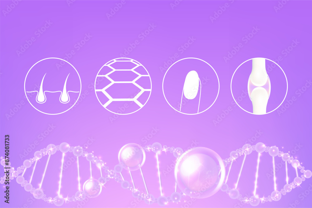 Φωτογραφία Hyaluronic acid and Niacinamide skin hair nails bone and joint solutions ad, purple collagen serum drop with cosmetic advertising background ready to use, illustration vector