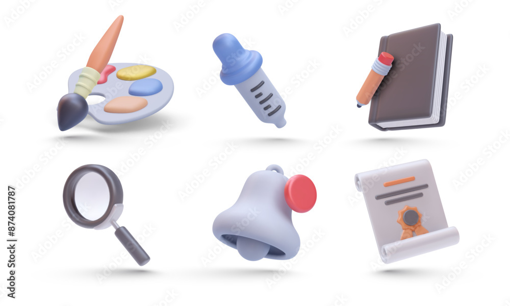 Set of drawing elements eyadropper, book, diploma, bell, magnifying, brush in 3d realistic style. Vector illustration Set of drawing elements eyadropper, book, diploma, bell, magnifying, brush in 3d realistic style. Vector illustration