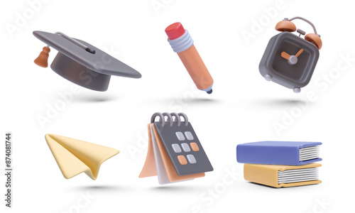 Set of school elements books, calendar, graduation cap, clock, pencil, paper plane in realistic style. Vector illustration