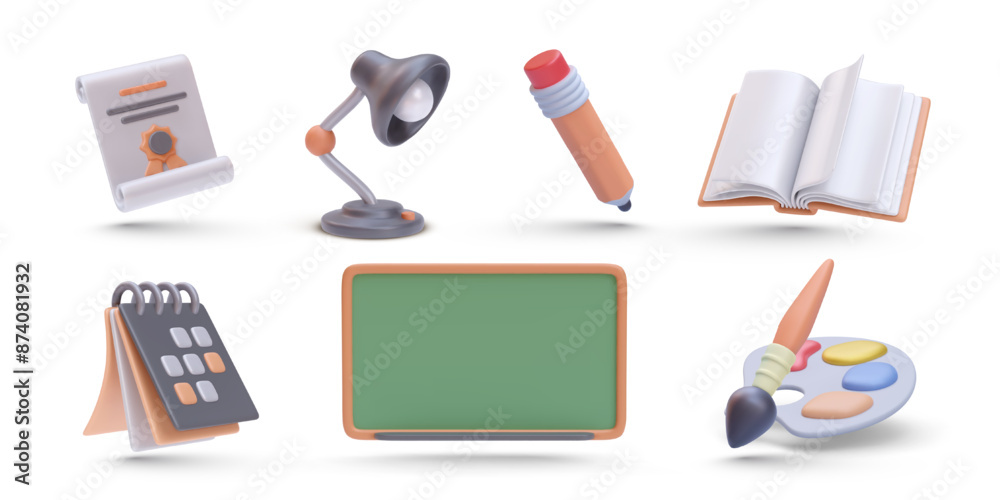 Set of education elements book, diploma, lamp, pencil, calendar, board, palette, diploma in realistic style. Vector illustration Set of education elements book, diploma, lamp, pencil, calendar, board, palette, diploma in realistic style. Vector illustration