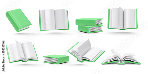 Set of realistic green books isolated on white background. Vector illustration