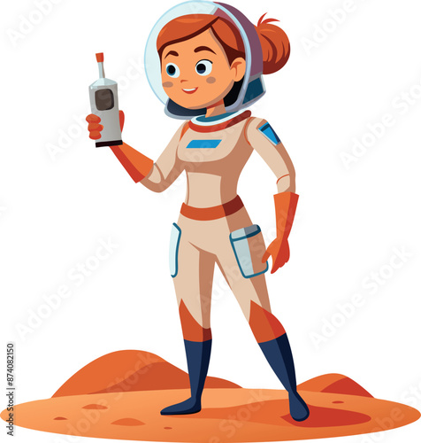 Female Astronaut Standing On Mars Holding Device