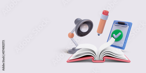 Book, lamp, pencil, clipboard in realistic style isolated on light background. Vector illustration