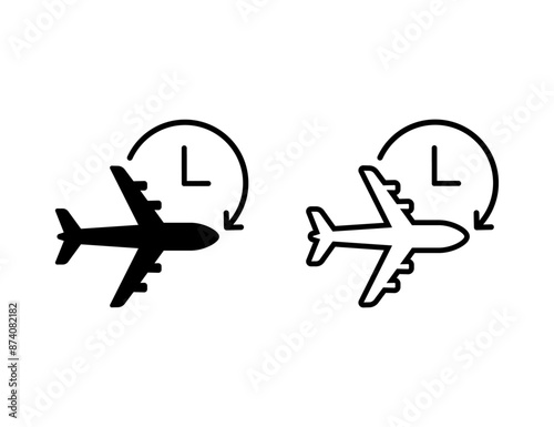 Flight Schedule icon. Flight duration. Airplane and clock icon. Flight time icon vector symbol design illustration
