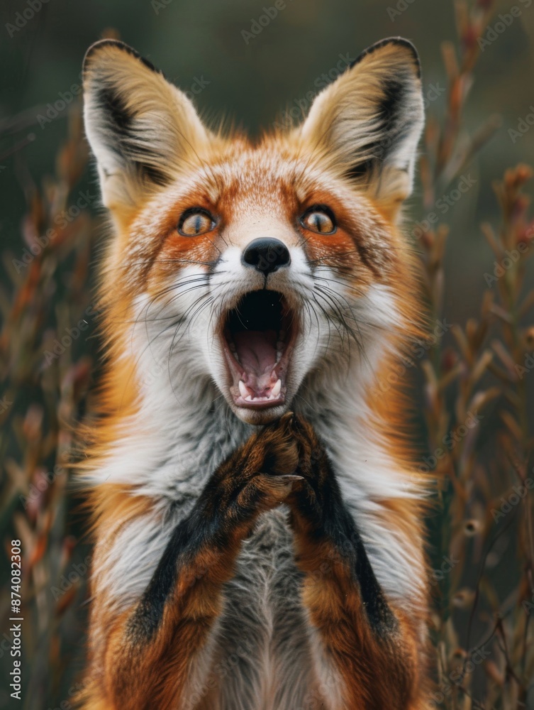 Fototapeta premium A very surprised and shocked fox with its mouth open and paws touching its head. Funny inspired animal