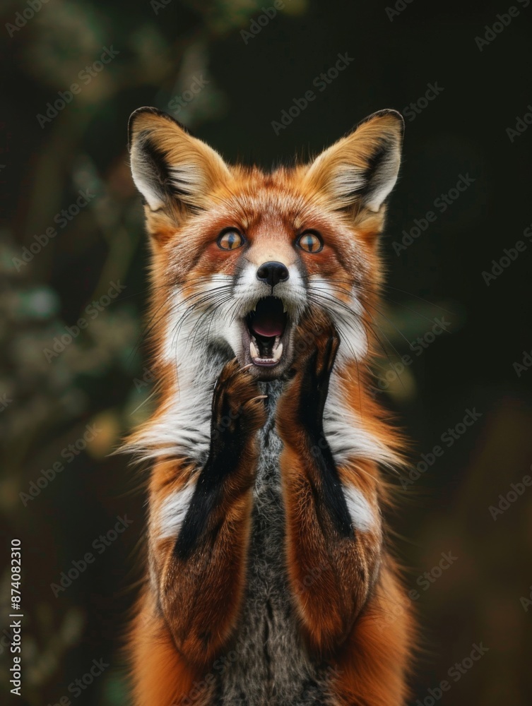 A very surprised and shocked fox with its mouth open and paws touching ...