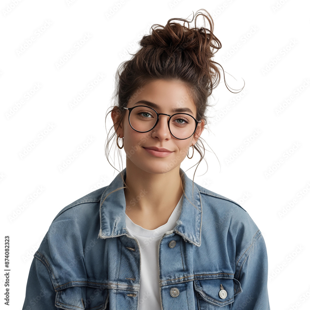 Obraz premium Young woman with glasses in a denim jacket, isolated on transparent background.