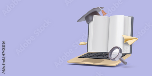 Online lecture concept in realistic style with book, laptop, graduation cap. Vector illustration