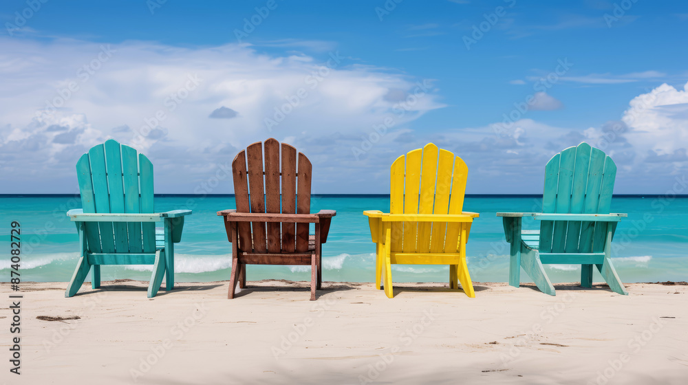 colorful wooden chairs on the beach with a blue sky and turquoise sea colorful wooden chairs on the beach with a blue sky and turquoise sea