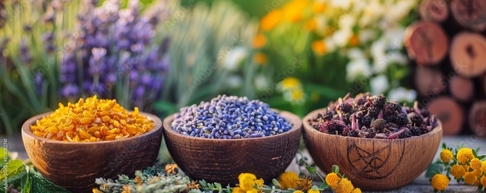 Three wooden bowls filled with dried herbs, lavender, yellow flowers, and dark purple flowers, set against a backdrop of lush greenery.