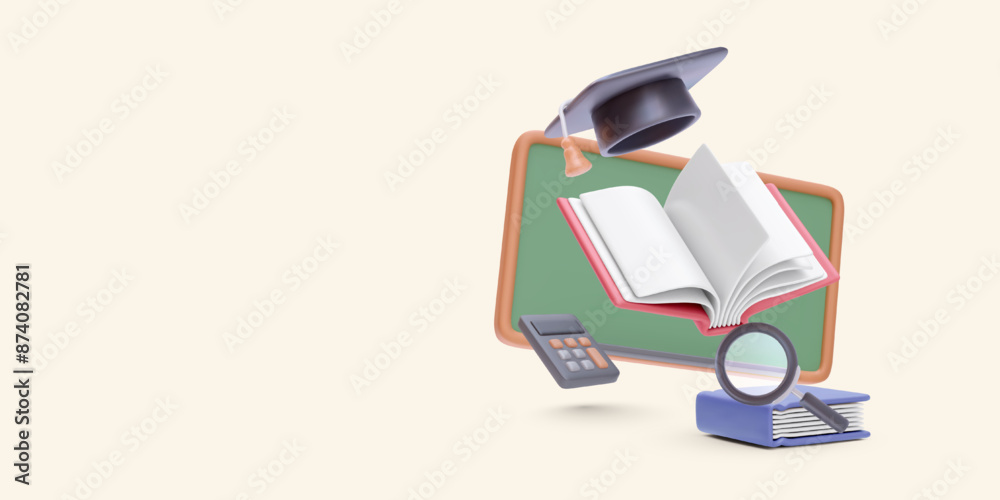 Back to school concept banner in 3d realistic style with book, blackboard, calculator, magnifying, graduate cap. Vector illustration Back to school concept banner in 3d realistic style with book, blackboard, calculator, magnifying, graduate cap. Vector illustration