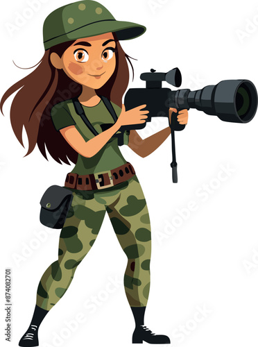 Female Wildlife Photographer in Camouflage Holding Camera