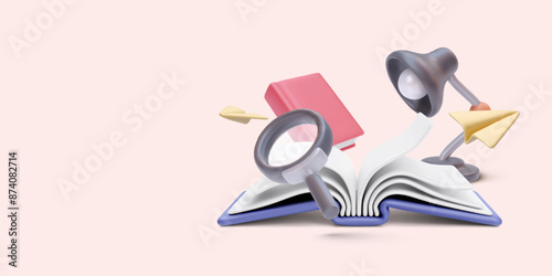 Education concept banner in realistic style with book, magnifying, lamp. Vector illustration