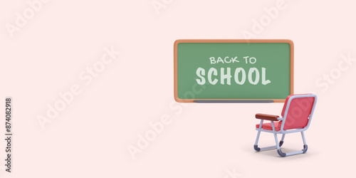 Back to school concept in realistic style with blackboard, chair. Vector illustration