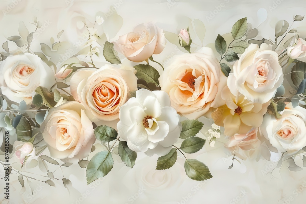 ethereal bouquet of white and blush roses rendered in exquisite watercolor detail delicate petals and leaves seem to float on the paper creating a romantic and timeless floral composition