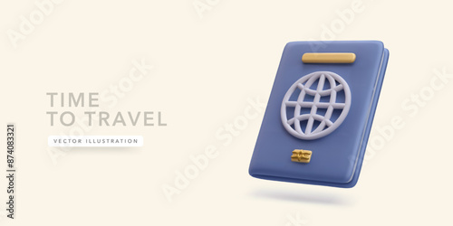 3d realistic blue international passport cover. Travel and holiday vacation concept. Vector illustration
