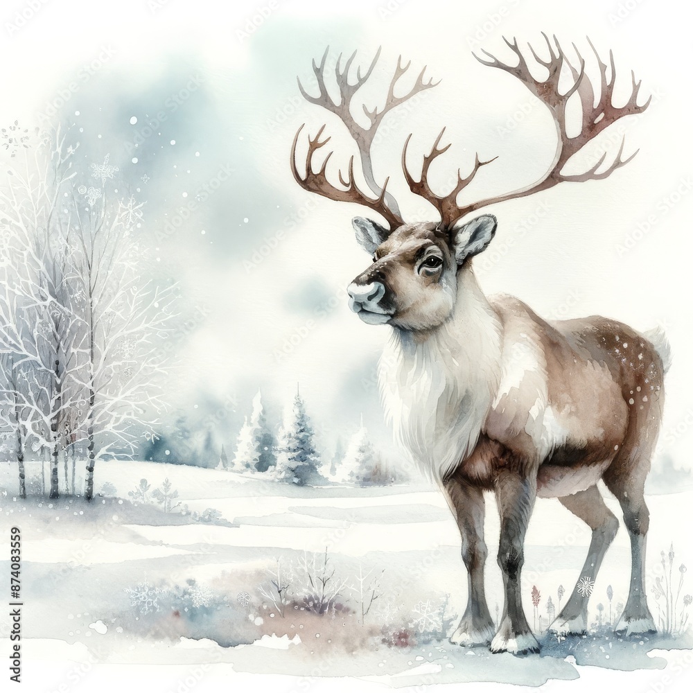 A majestic reindeer with antlers in a snowy field with snow covered trees watercolor illustration A majestic reindeer with antlers in a snowy field with snow covered trees watercolor illustration