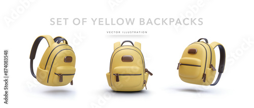 Set of 3d realistic yellow backpacks isolated on white background. Vector illustration