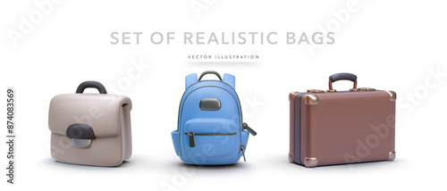 Set of 3d realistic bags isolated on white background. Vector illustration