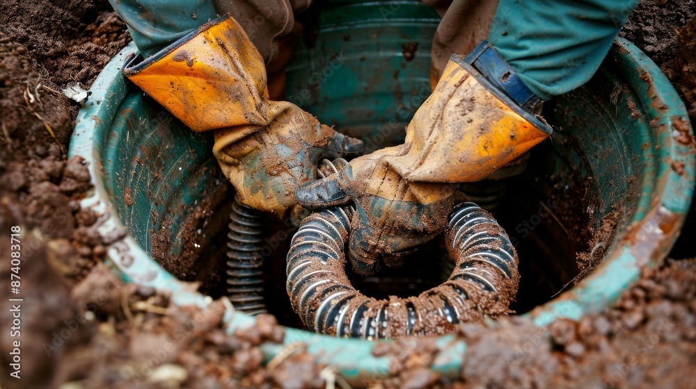 A close up of hands securing a hose to the septic tank for effective and efficient waste removal, A close up of hands securing a hose to the septic tank for effective and efficient waste removal,