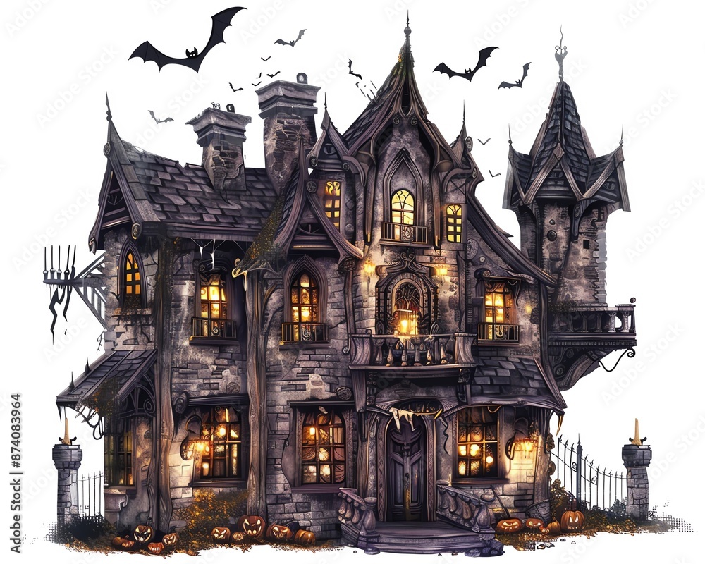 A haunted house with lights, ghosts, and bats, Halloween building, digital painting, spooky and fun, isolated on white background, A haunted house with lights, ghosts, and bats, Halloween building, digital painting, spooky and fun, isolated on white background,
