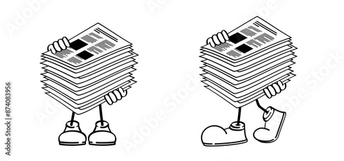 Writing paper. Cartoon, comic mascot empty A4 or A3 copy paper, stacked paper. Flat paper stack. Document, paperwork. Stationery stacked papers icon. Pile papers, filePrintouts, hardcopy documents. Sh