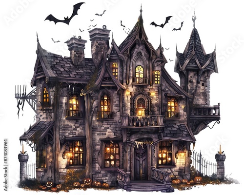 A haunted house with lights, ghosts, and bats, Halloween building, digital painting, spooky and fun, isolated on white background, © Sirirat