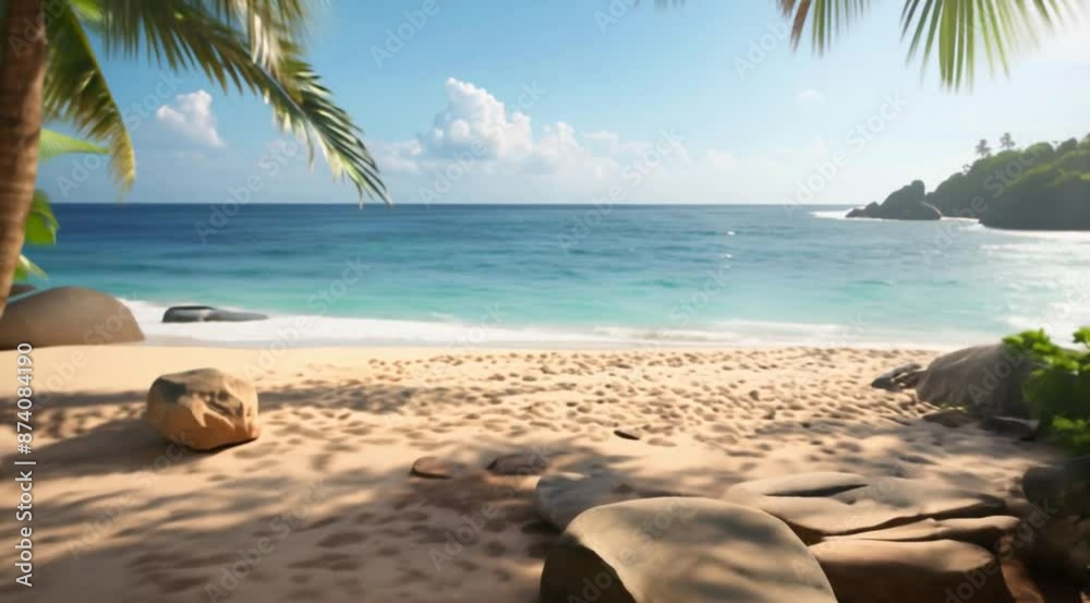 Wooden Table on a Tropical Beach with Palm Trees and Ocean View Wooden Table on a Tropical Beach with Palm Trees and Ocean View