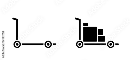 Heavy lifting, unloading cargo, easy transport service and storage. Hand trolley, pallet truck or hand truck. Cartoon industrial tool for manual moving boxes. Baggage transportation.