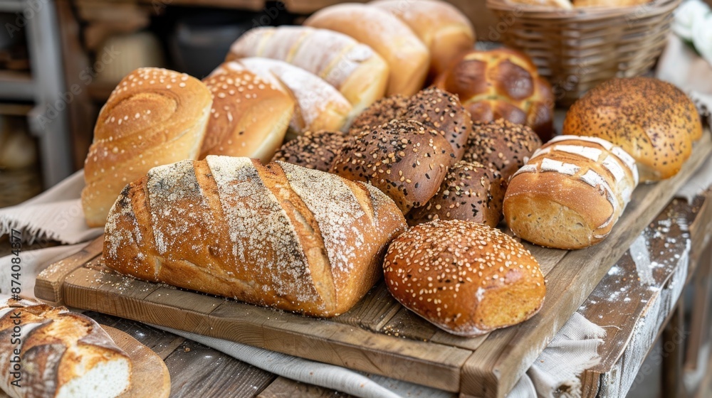 Fresh Assorted Bakery Bread on Rustic Wooden Table Fresh Assorted Bakery Bread on Rustic Wooden Table