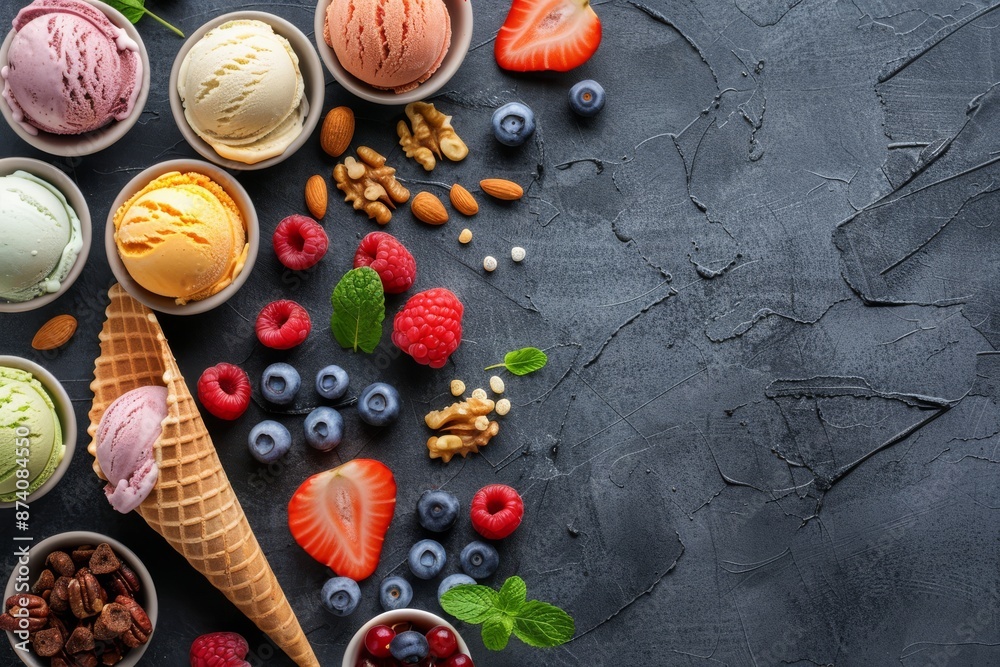 Tempting Ice Cream Treats: Vibrant Flavors on Dark Background Tempting Ice Cream Treats: Vibrant Flavors on Dark Background